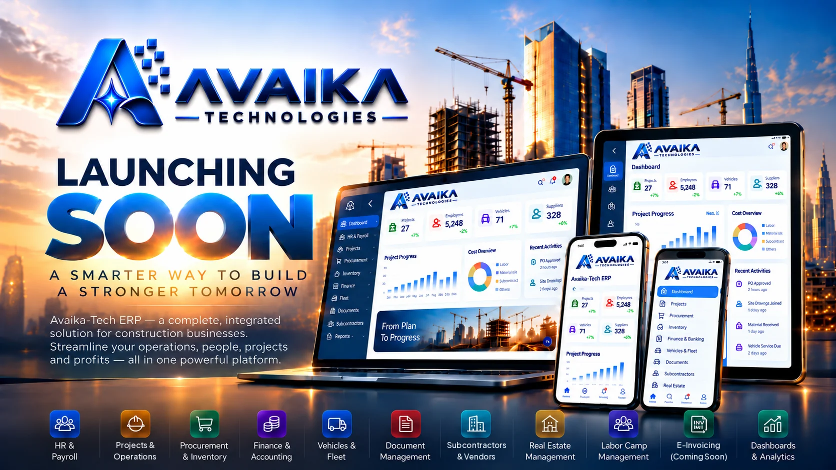 Avaika-Tech ERP, launching soon. A complete, integrated solution for construction businesses covering HR and payroll, projects and operations, procurement and inventory, finance and accounting, vehicles and fleet, documents, subcontractors and vendors, real estate, labour camps, e-invoicing (coming soon) and dashboards.